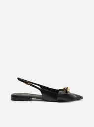 Sapatilha Preta Couro Slingback Laço Metal