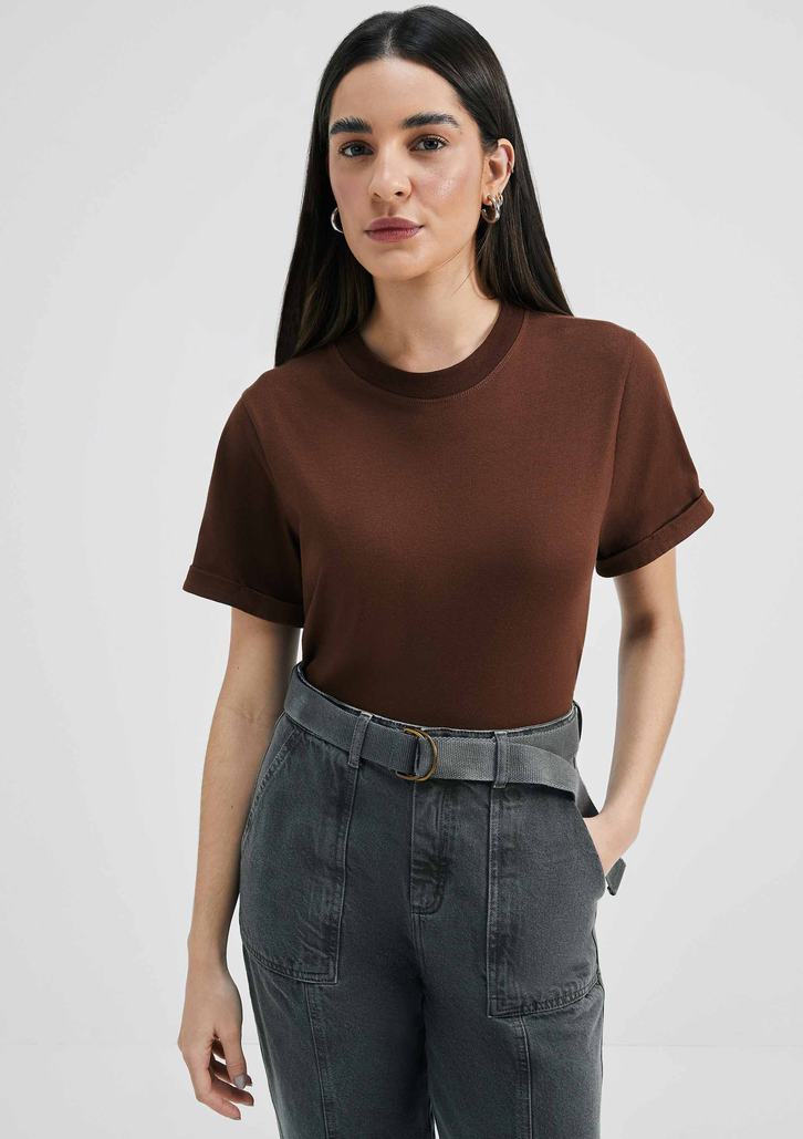 Blusa Marrom Hering Básica Manga Curta Com Dobra