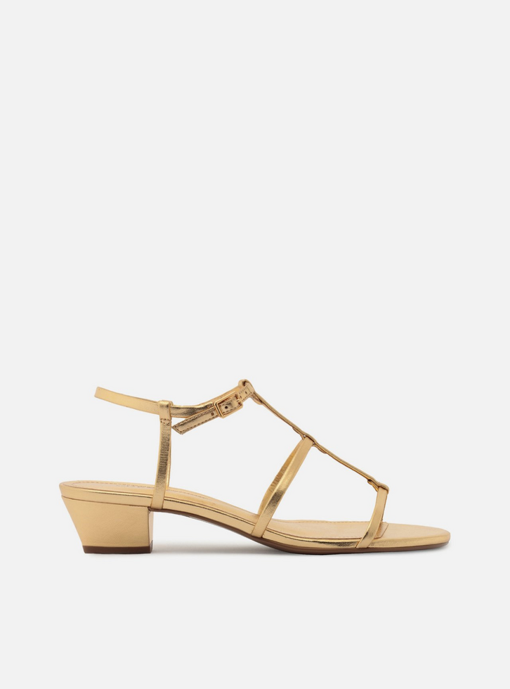 Sandália Dourada Salto Baixo Bloco Tiras Finas