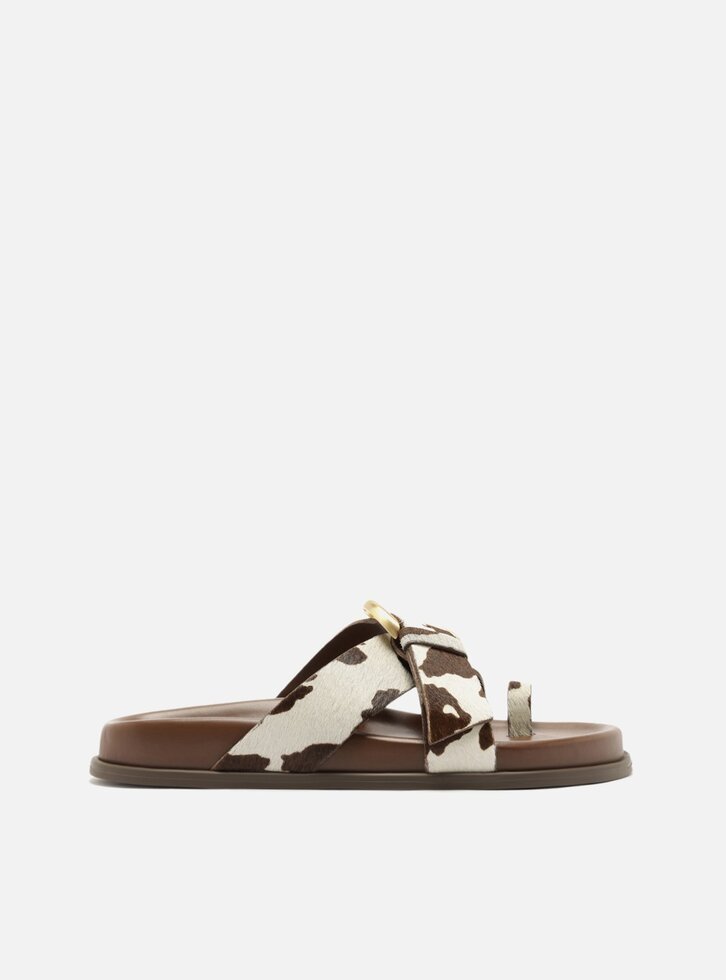 Sandália Papete Animal Print Couro Flatform Fivela Dourada