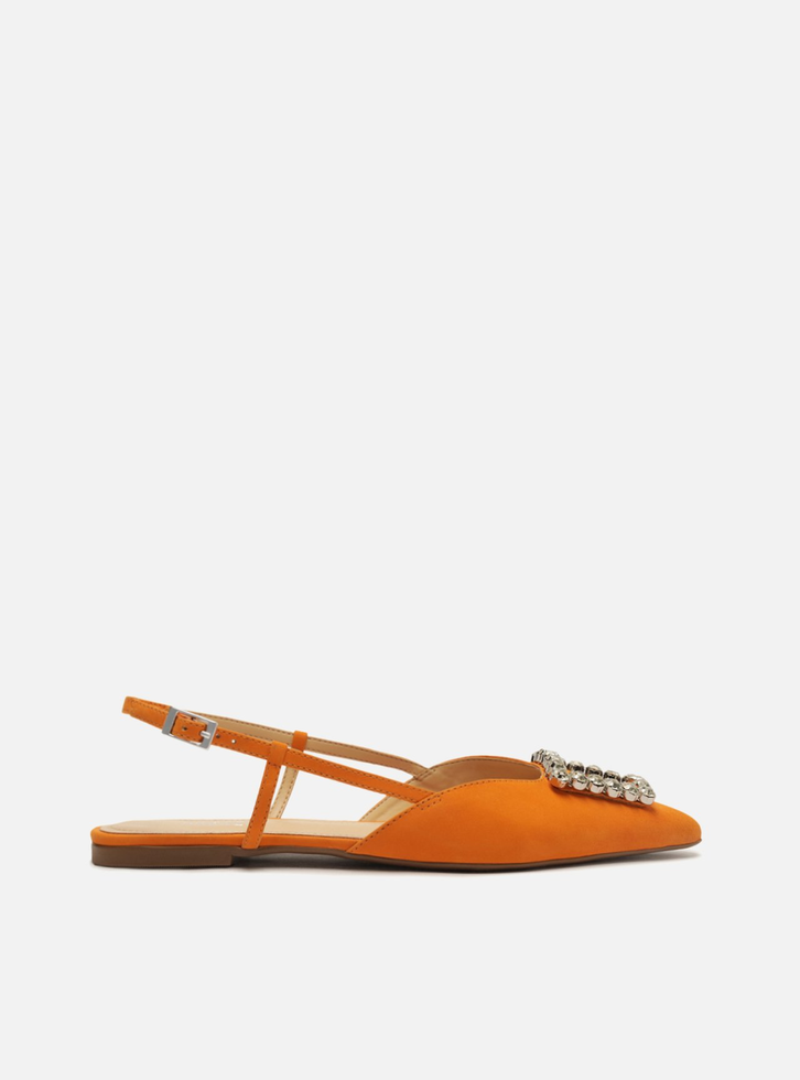 Sapatilha Laranja Arezzo Nobuck Bico Fino Slingback Pedraria