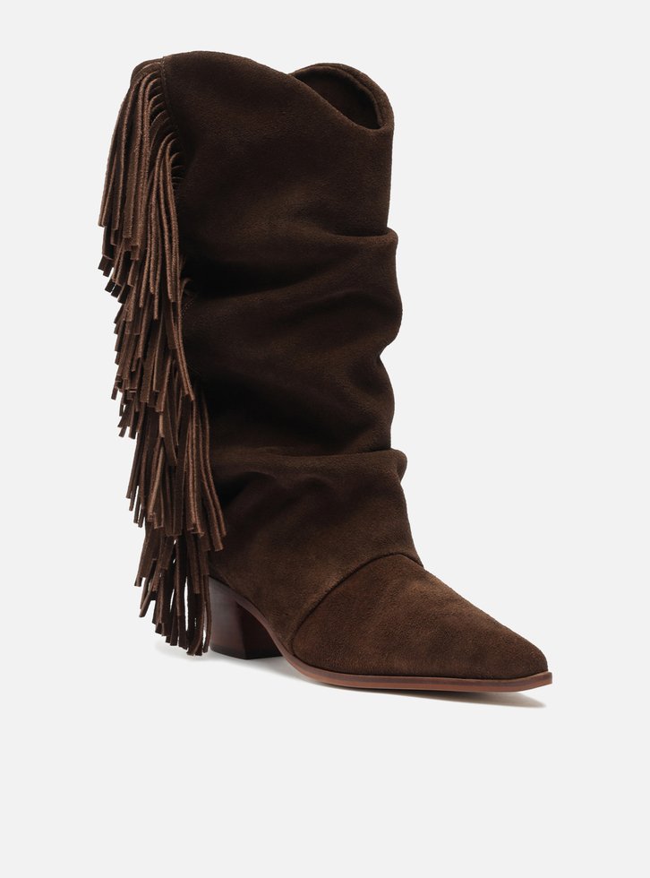 Bota Marrom Suede Cano Alto Bloco Franjas