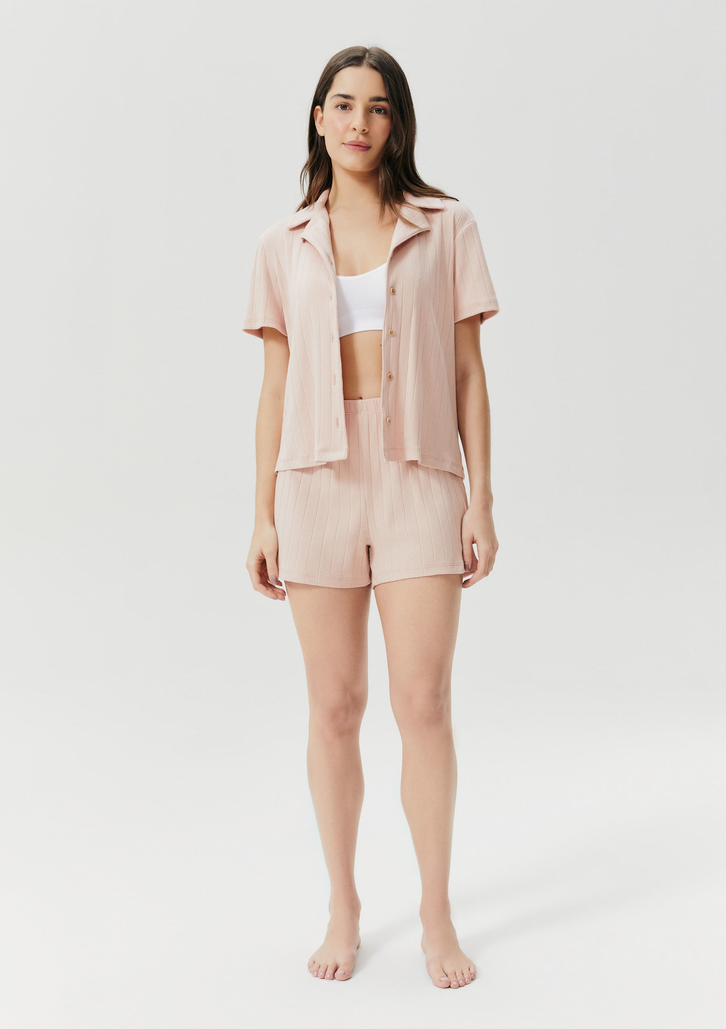 Pijama Curto Rosa Hering Feminino Canelado Gola Resort