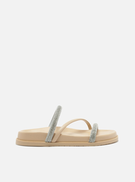 Sandália Rasteira Nude Arezzo Tira Diagonal Strass