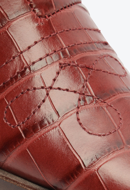 Bota Western Briani Salto Bloco Baixo Couro Croco Marrom