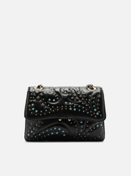 Bolsa Tiracolo Preta Couro Mizz Média Tachas Azuis