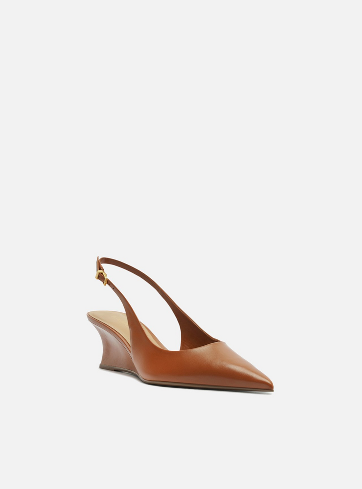Scarpin Marrom Couro Salto Baixo Anabela Slingback