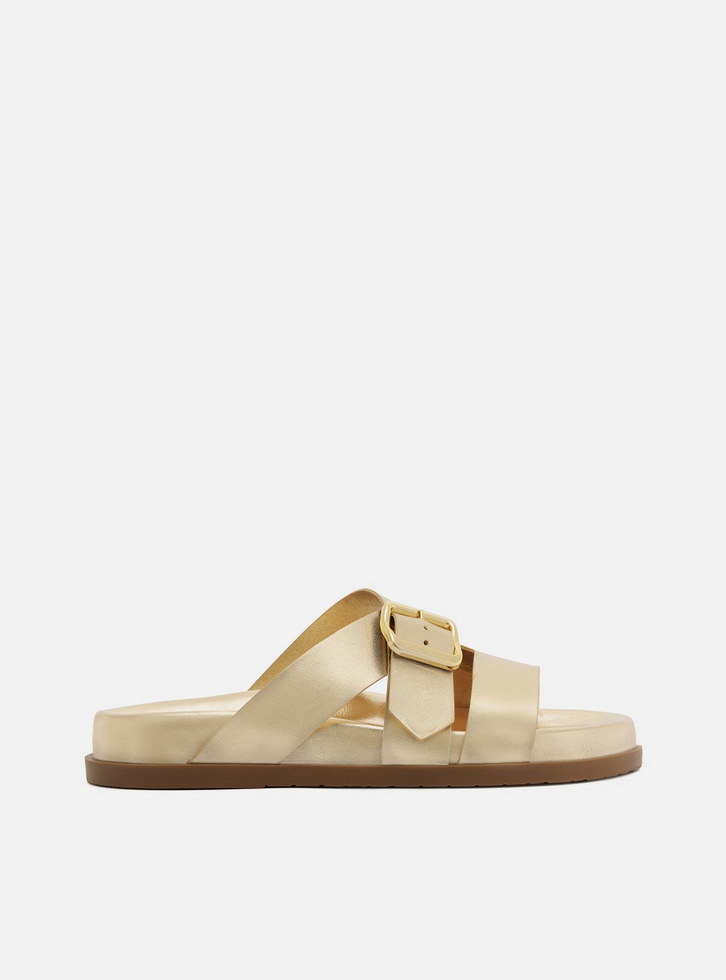 Sandália Papete Dourada Couro Tiras Largas Fivela