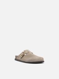 Clog Sabot Cinza Camurça Rasteira Fivela