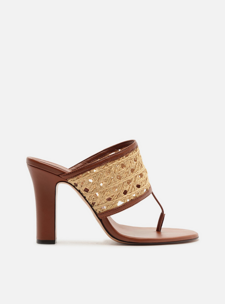 Sandália Marrom Couro Salto Médio Tira Palha Thong