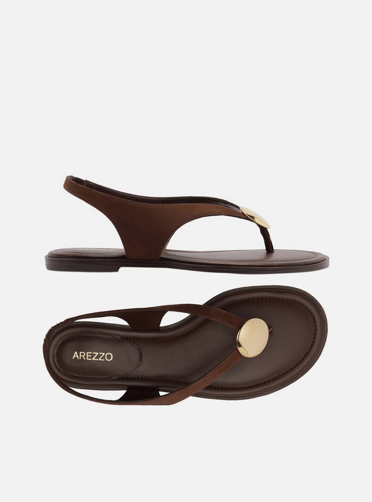 Sandália Rasteira Marrom Acamurçada Tiras Metal