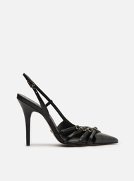 Scarpin Preto Arezzo Couro Salto Alto Tiras Fivelas