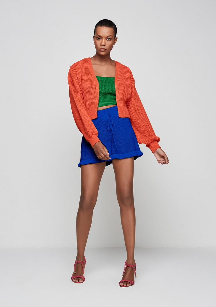 Cardigan Laranja Dzarm Em Tricô Com Mangas Bufantes