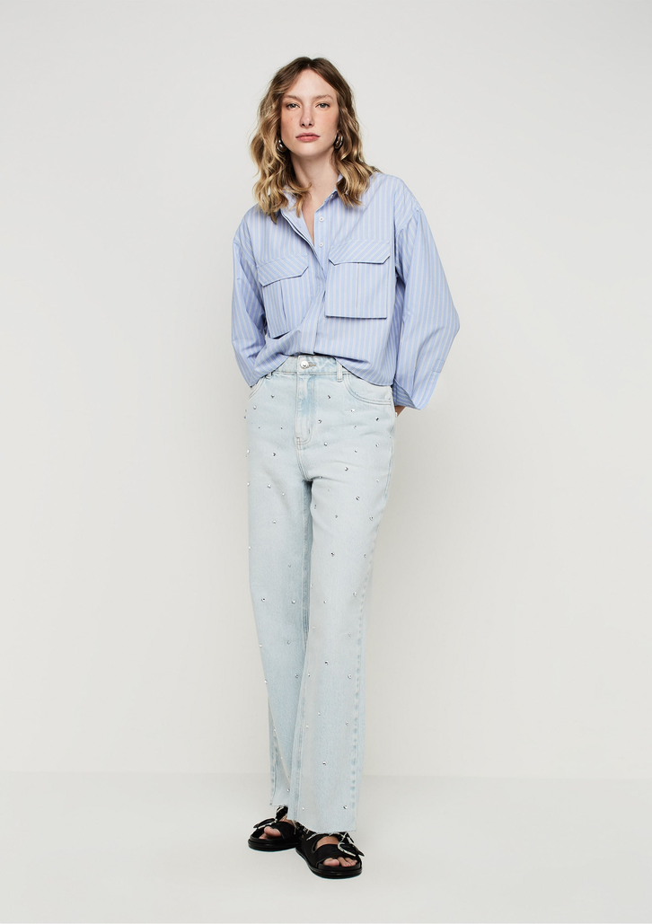 Calça Jeans Azul DZARM Reta Cintura Alta Com Brilhos
