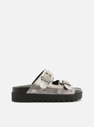 Sandália Flatform Prata Arezzo Couro Fivelas Metais