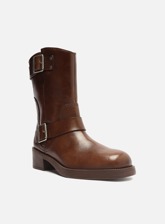 Bota Marrom Couro Cano Médio Fivelas