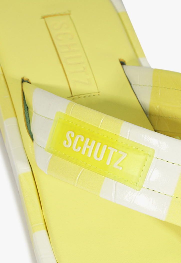 Chinelo Couro Croco Listras Amarelo Neon