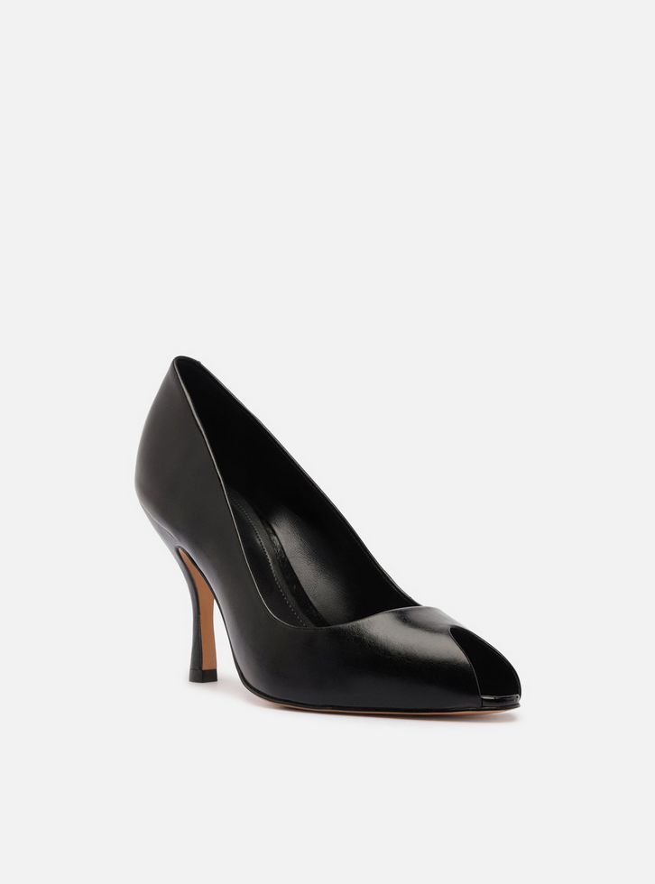 Peep Toe Preto Couro Salto Alto Fino