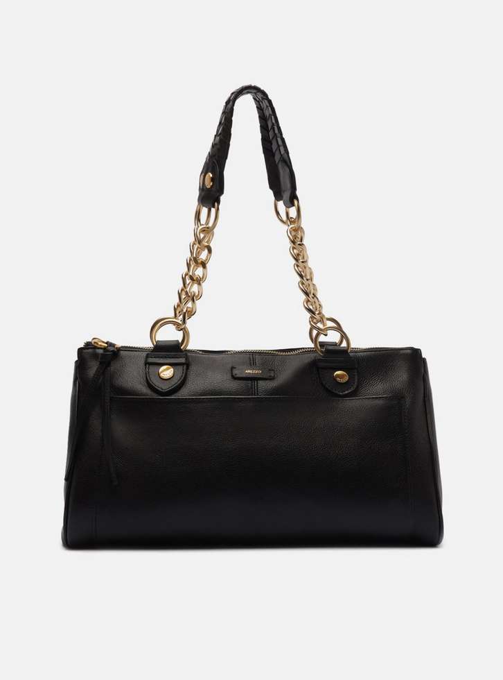 Bolsa Tote Preta Couro Grande Alças Bolso | ZZ MALL