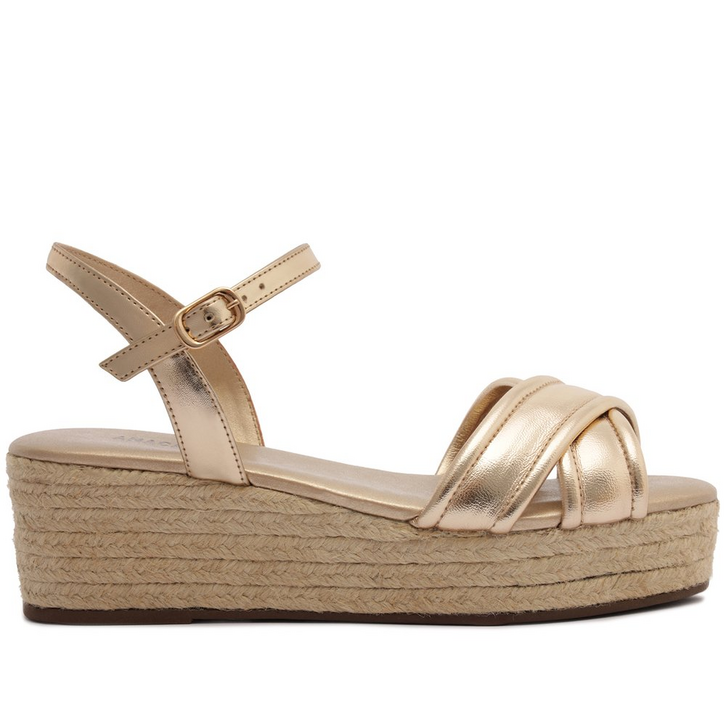 Sandália Plataforma Corda Pespontos Dourada