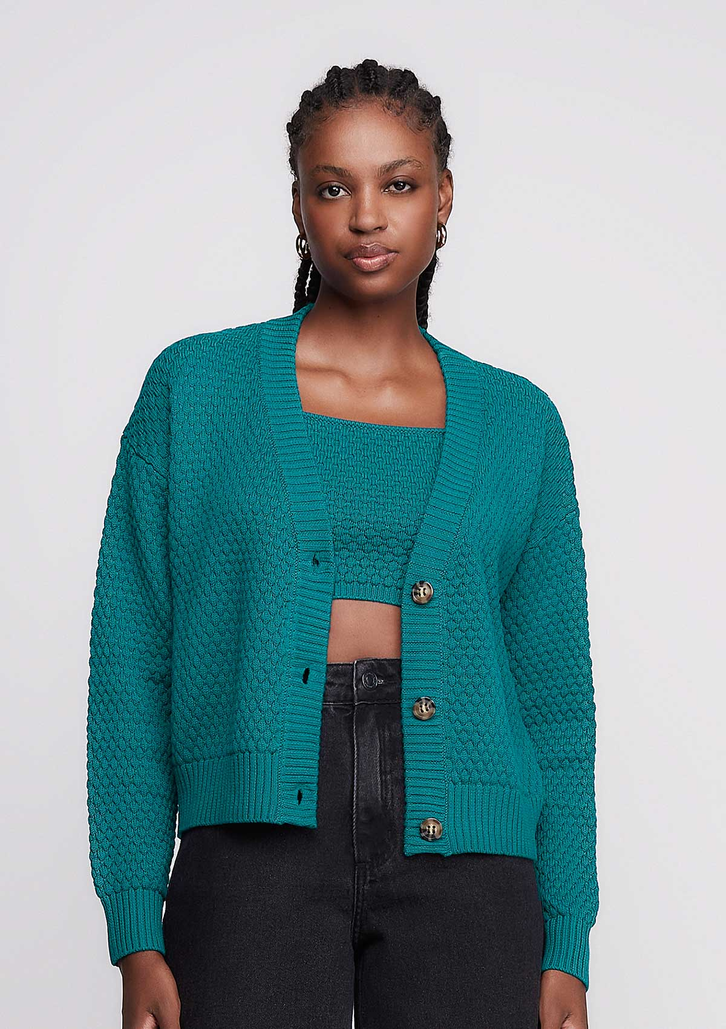 Cardigan Verde Dzarm Alongado Em Tricô e Decote V