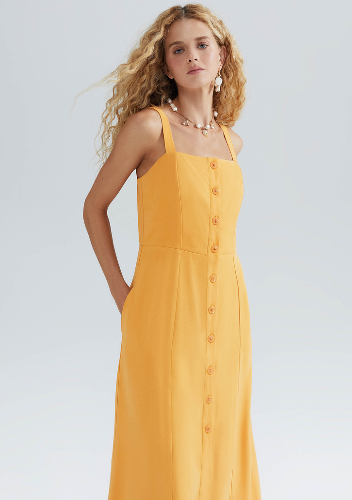 Vestido Laranja Hering Midi Com Botões Em Peach Touch