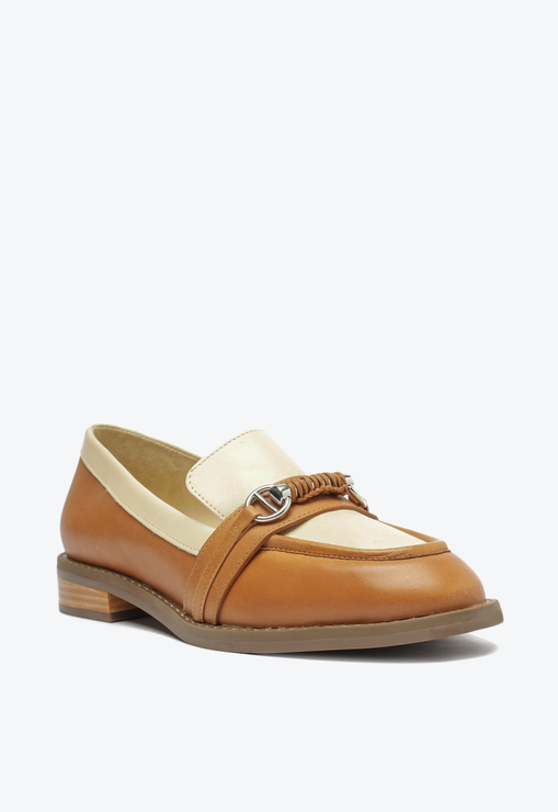 Mocassim Couro Caramelo e Bege