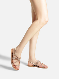 Sandália Rasteira Dourada Tiras Strass Enlace