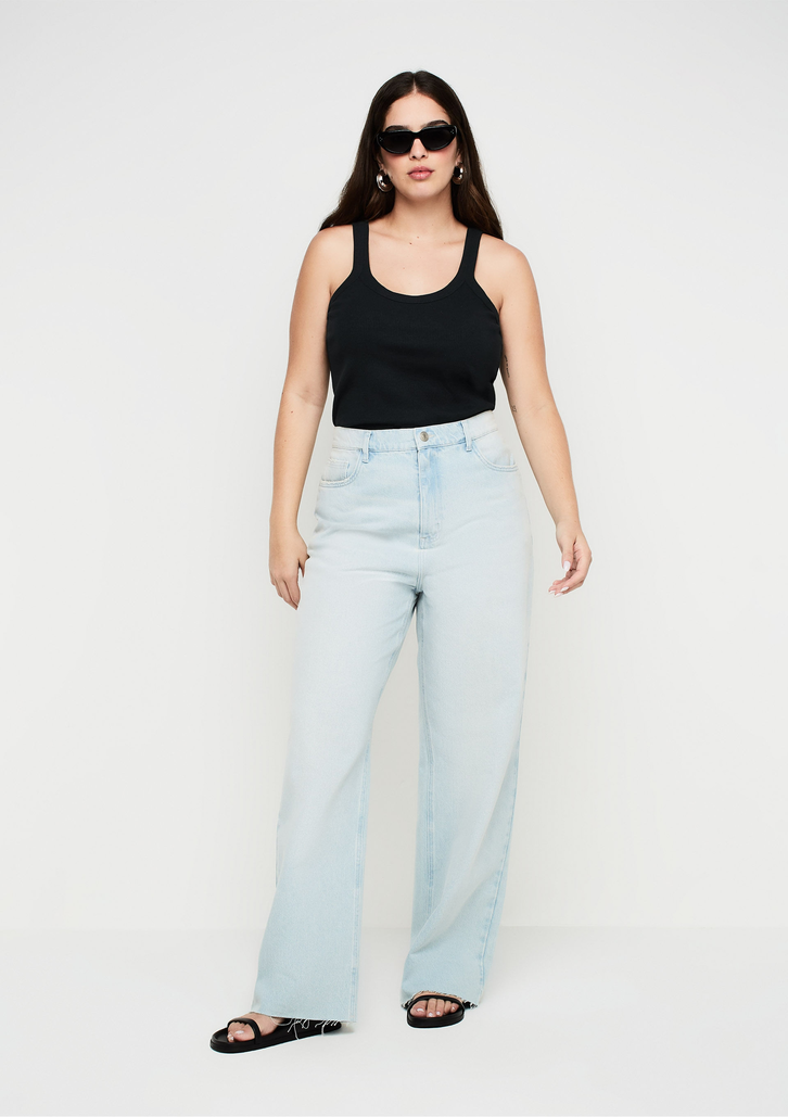 Calça Jeans Azul Claro Dzarm Wide Leg Slim Cintura Alta