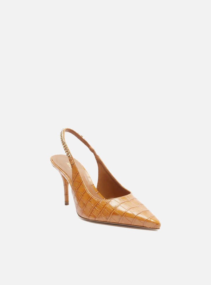 Scarpin Marrom Croco Bico Fino Slingback Corrente