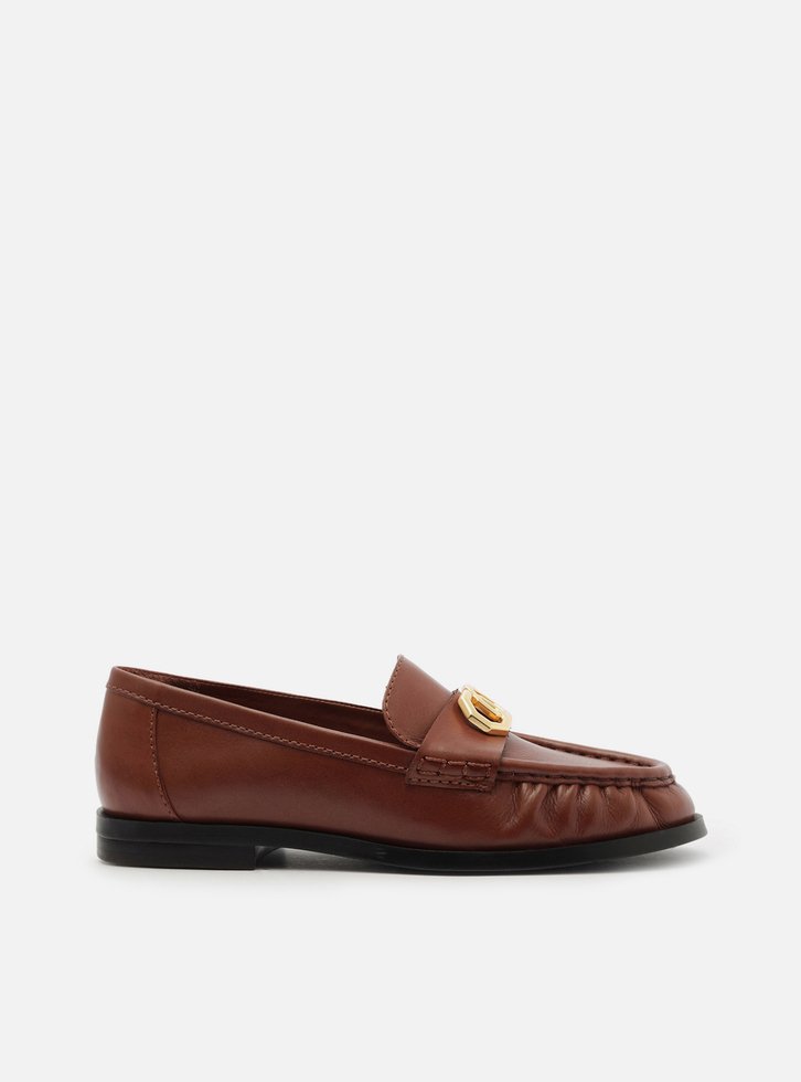 Mocassim Marrom Couro Franzido Tira Metal