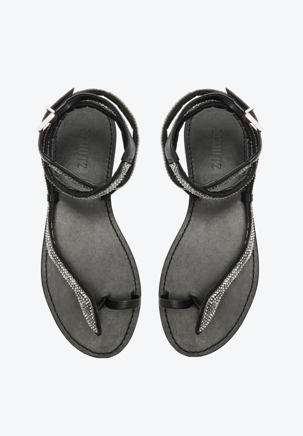 Sandália Rasteira Preta Schutz De Tiras Pedraria | ZZ MALL
