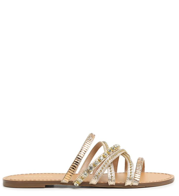 Rasteira Dourada Couro Multitiras Pedrarias