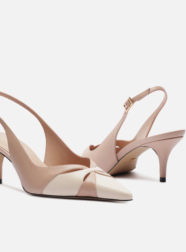 Scarpin Bege Couro Salto Kitten Slingback Bicolor