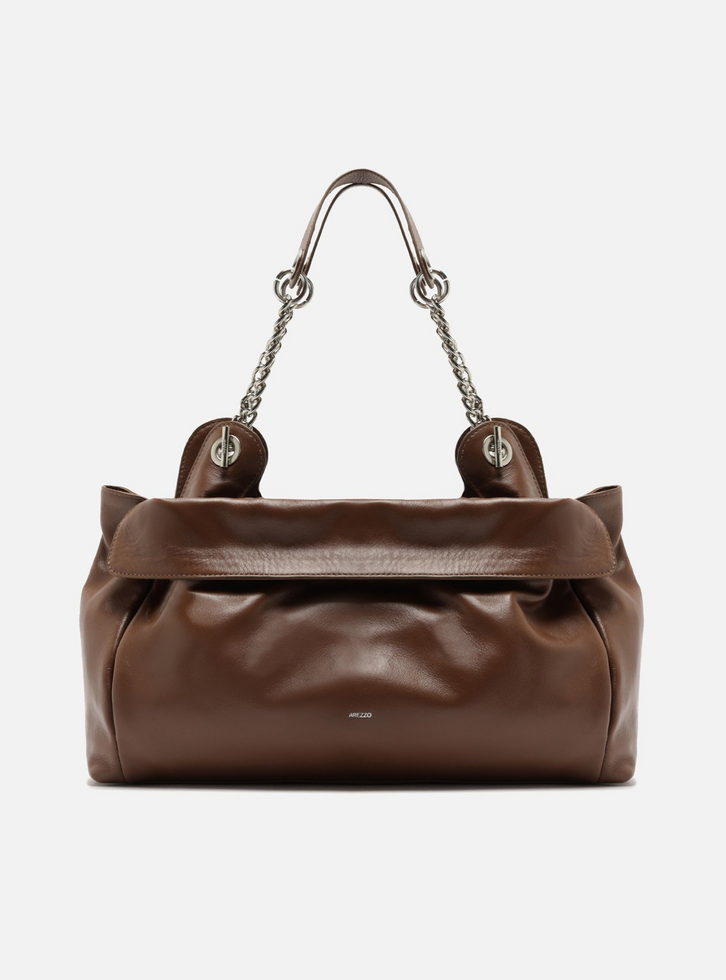 Bolsa Tote Marrom Couro Grande Franzida