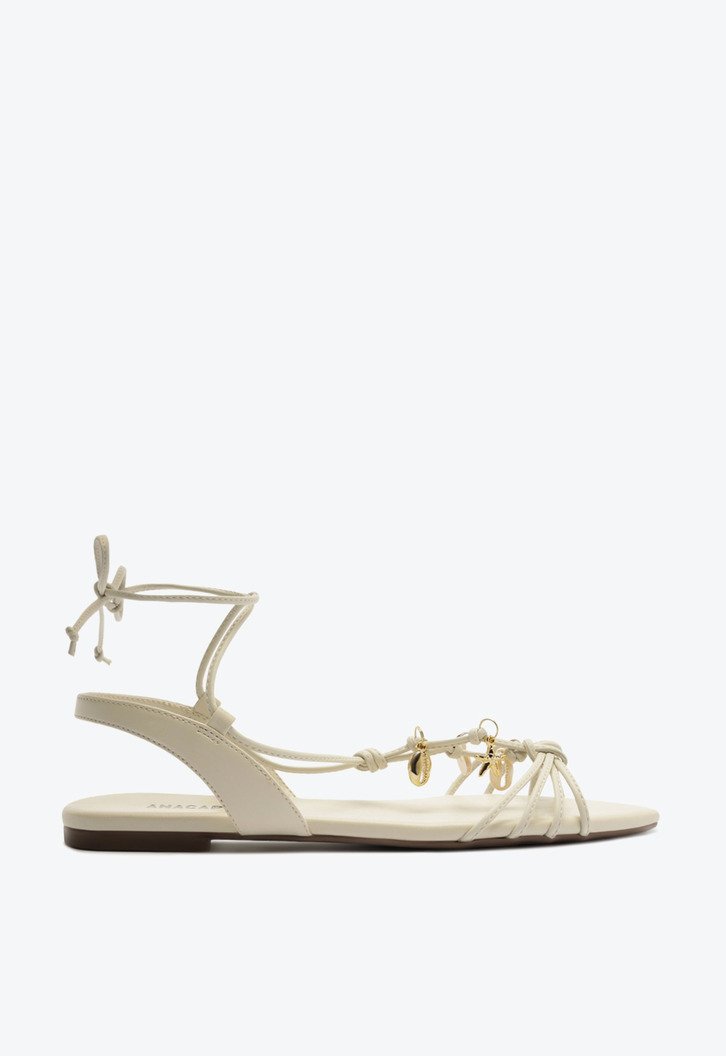 Sandália Rasteira Amarração Pingentes Branca