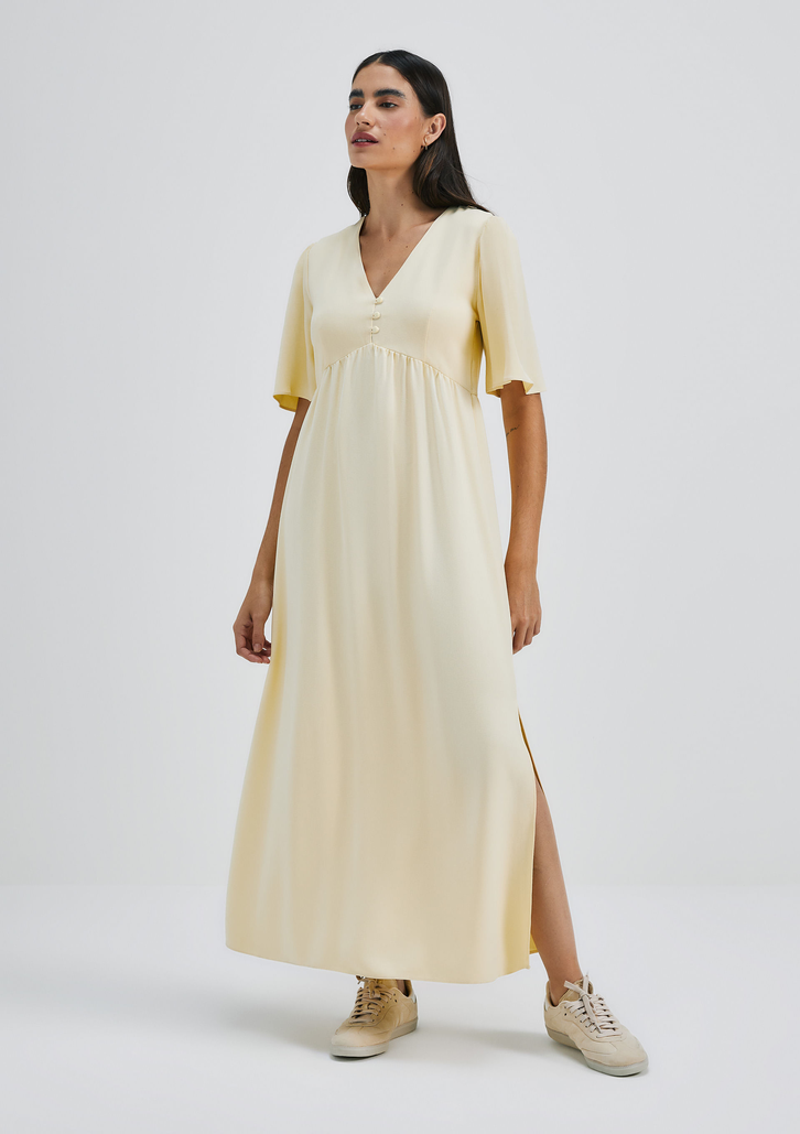 Vestido Amarelo Hering Midi Evasê Em Viscose Creponada