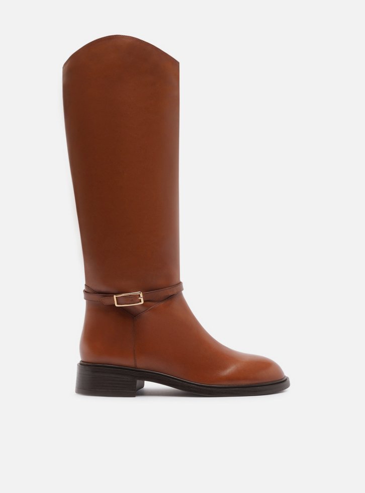 Bota Caramelo Couro Cano Longo Montaria Fivela