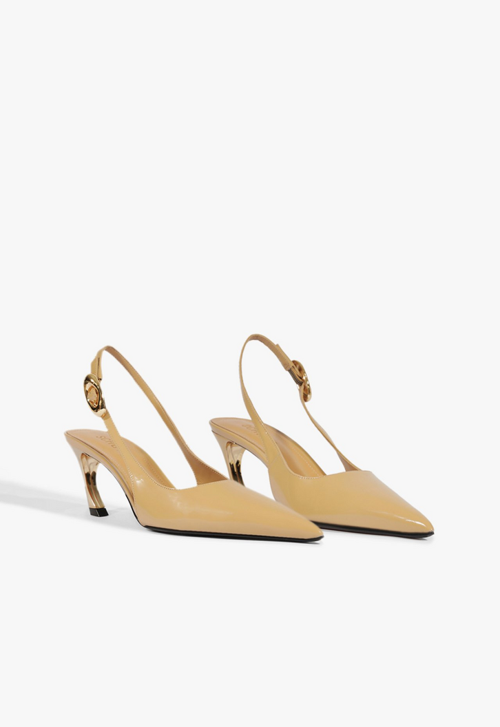 Sapato Scarpin Slingback Salto Médio Verniz Couro Bege