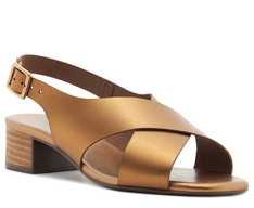 Sandália Salto Bloco Tiras Cruzadas Couro Bronze