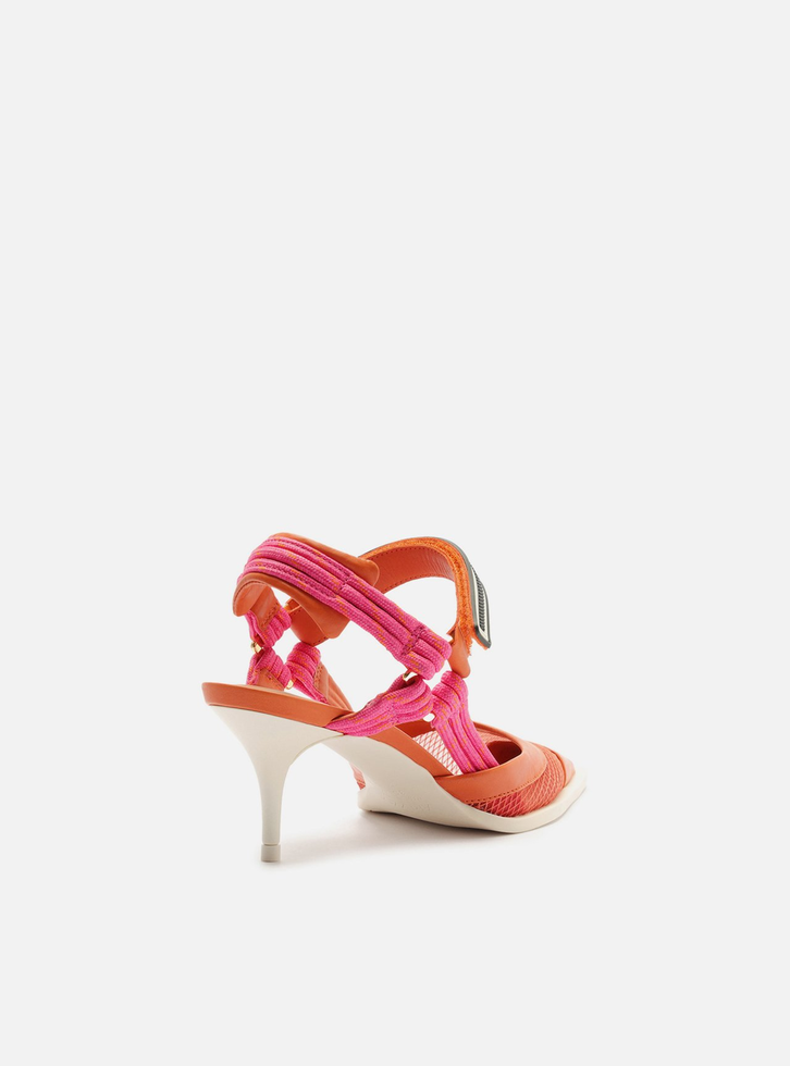 Scarpin Laranja Tela Salto Baixo Slingback Cordão