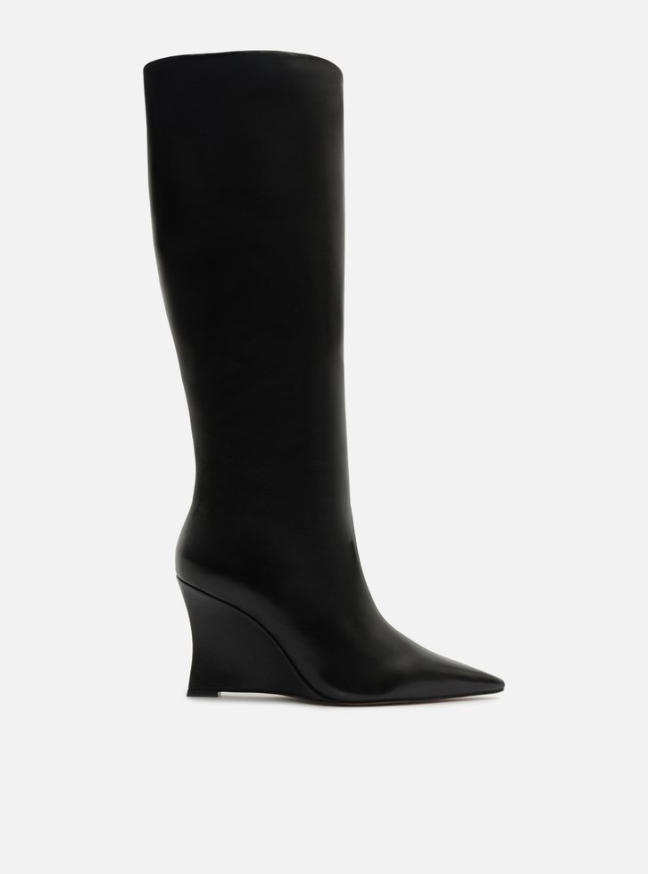 Bota Preta Couro Cano Alto Salto Anabela