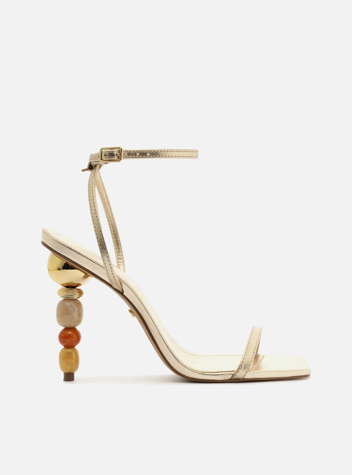 Sandália Dourada Couro Salto Geométrico Color