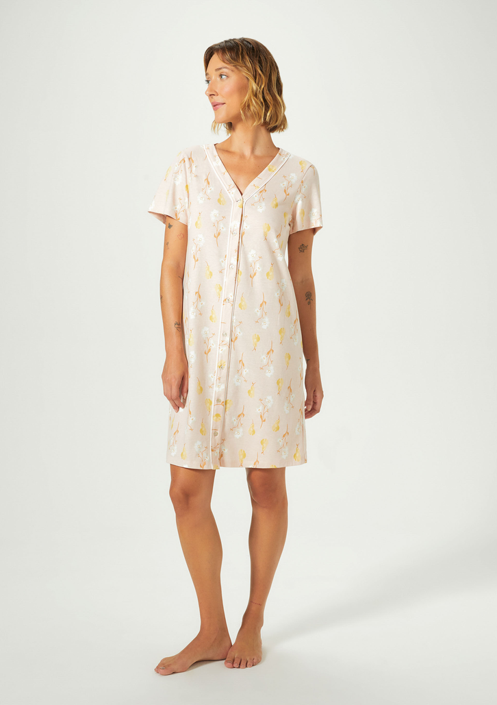 Camisola Rosa Hering Estampada Manga Curta Com Botões