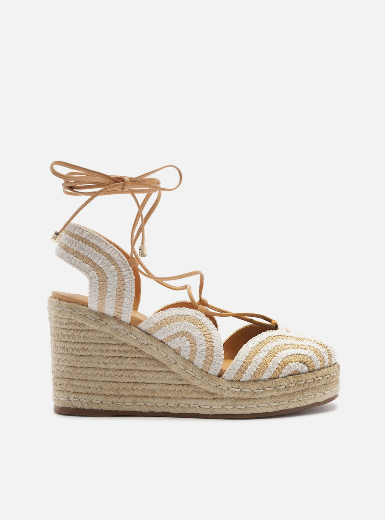 Espadrille Natural Arezzo Bordada Salto Alto Amarração