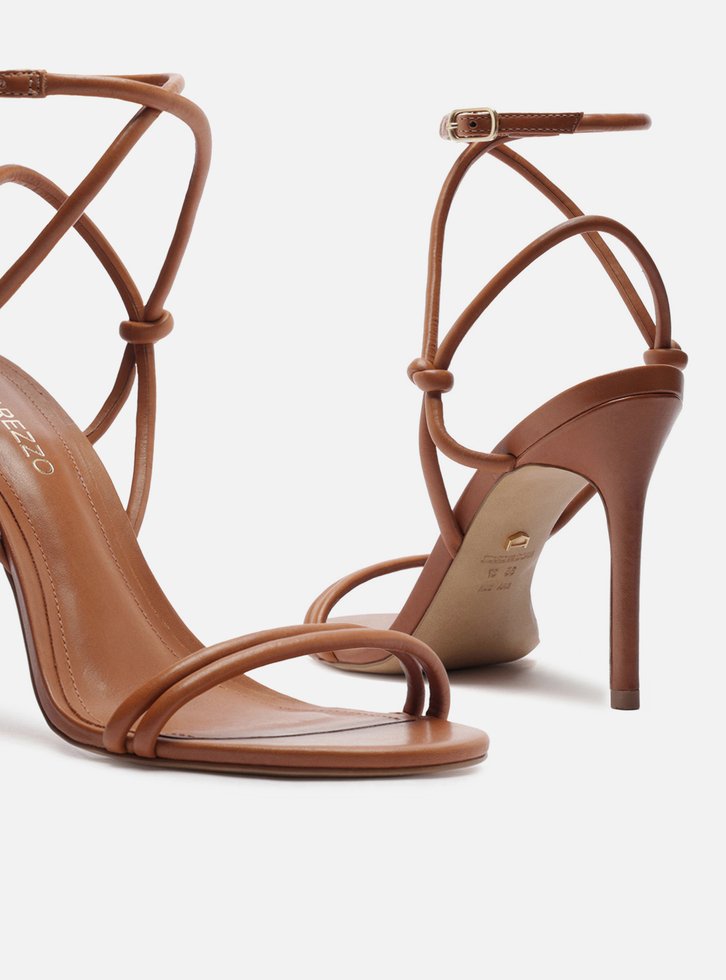 Sandália Marrom Caramel Salto Fino Tiras Knot