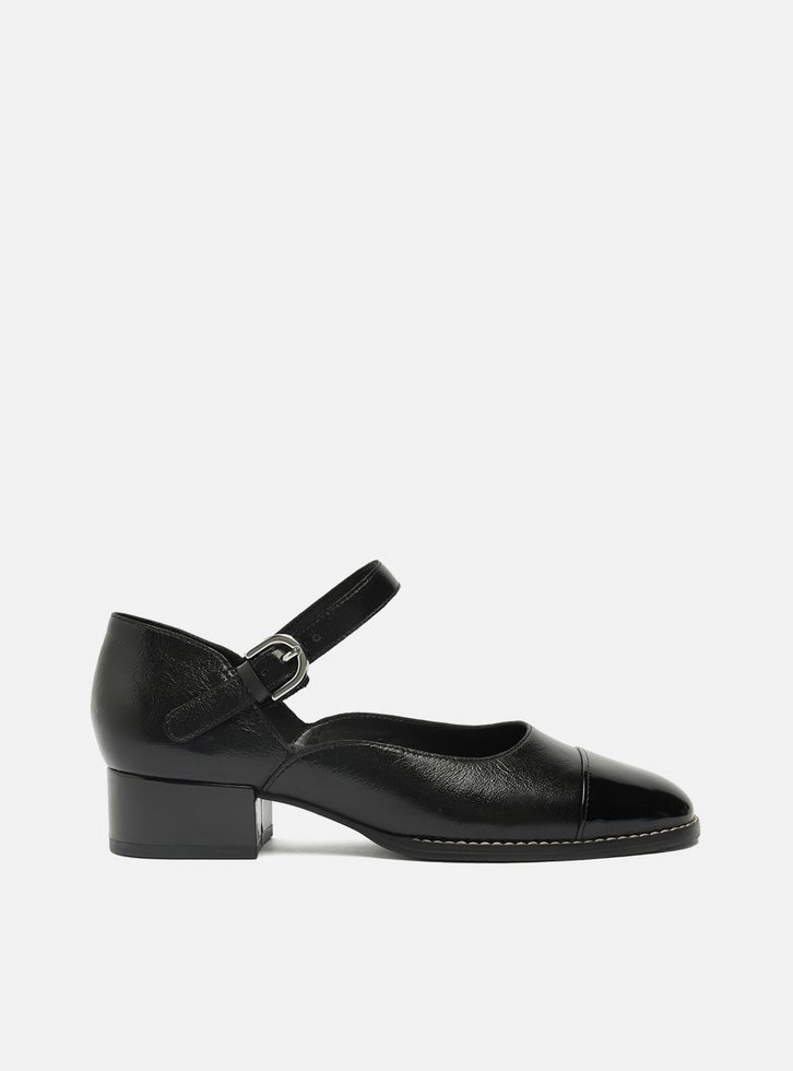 Sapato Boneca Preto Couro Bloco Cap Toe