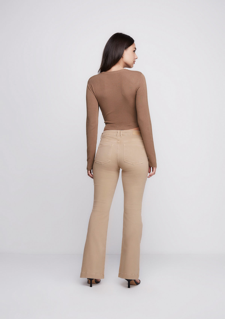 Calça Flare Bege Off White DZARM Slim Cintura Média