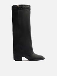 Bota Preta Couro Cano Longo Polaina Folk