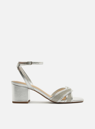 Sandália Prata Salto Bloco Strass Enlace